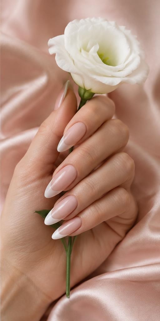 French almond nails holding a delicate white flower